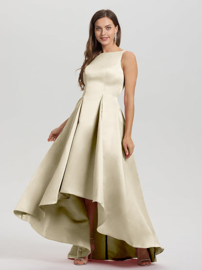 A-Line Sleeveless High Low Satin Bodice V-Back Bridesmaid Dress