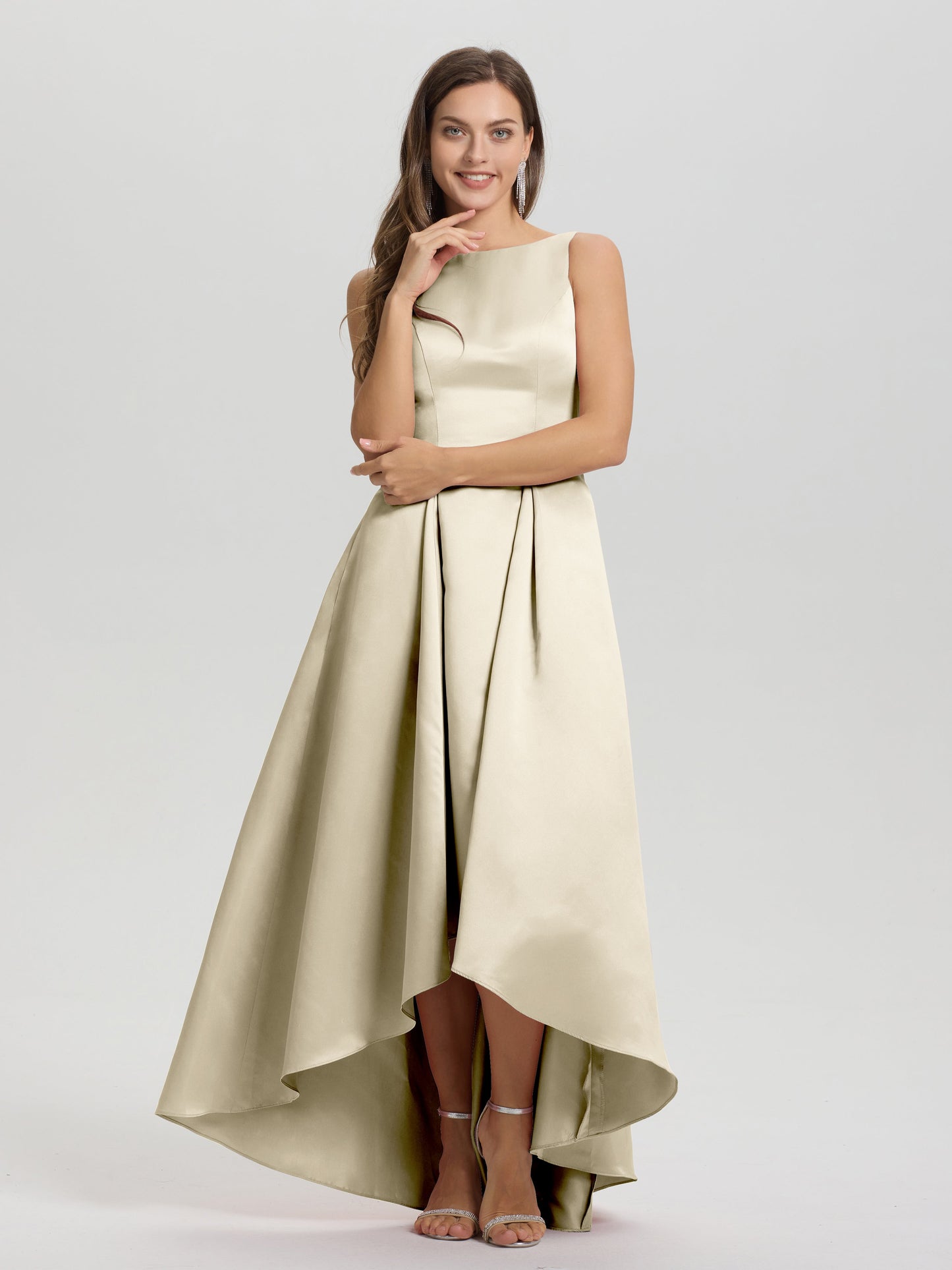 A-Line Sleeveless High Low Satin Bodice V-Back Bridesmaid Dress