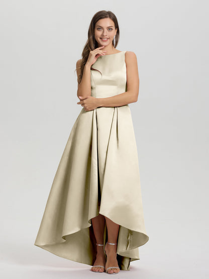 A-Line Sleeveless High Low Satin Bodice V-Back Bridesmaid Dress