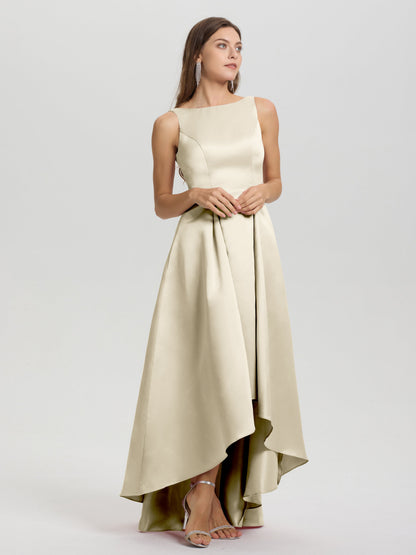 A-Line Sleeveless High Low Satin Bodice V-Back Bridesmaid Dress