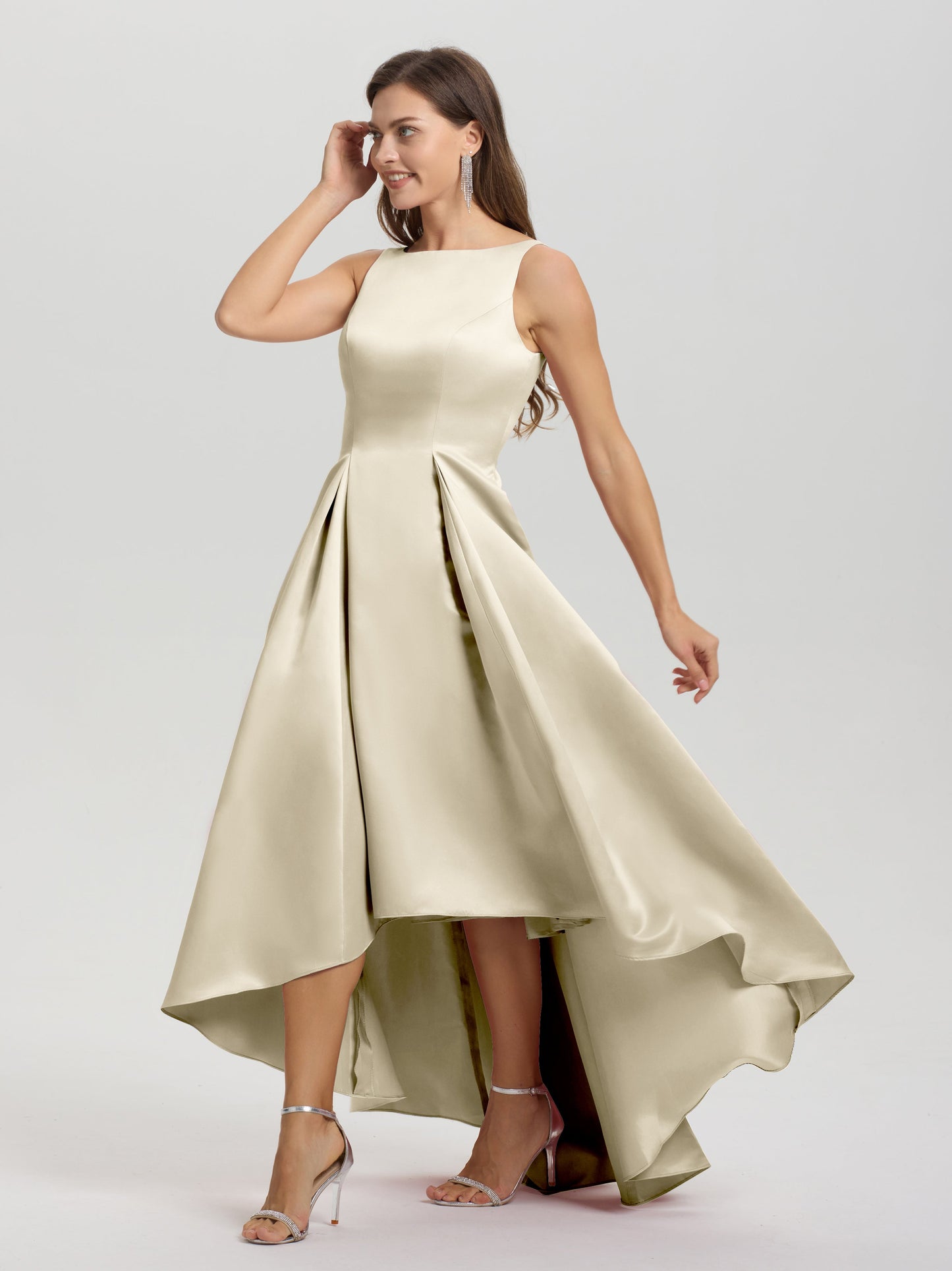 A-Line Sleeveless High Low Satin Bodice V-Back Bridesmaid Dress