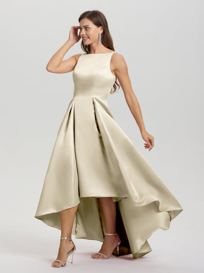 A-Line Sleeveless High Low Satin Bodice V-Back Bridesmaid Dress
