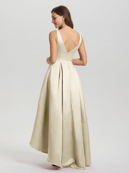 A-Line Sleeveless High Low Satin Bodice V-Back Bridesmaid Dress