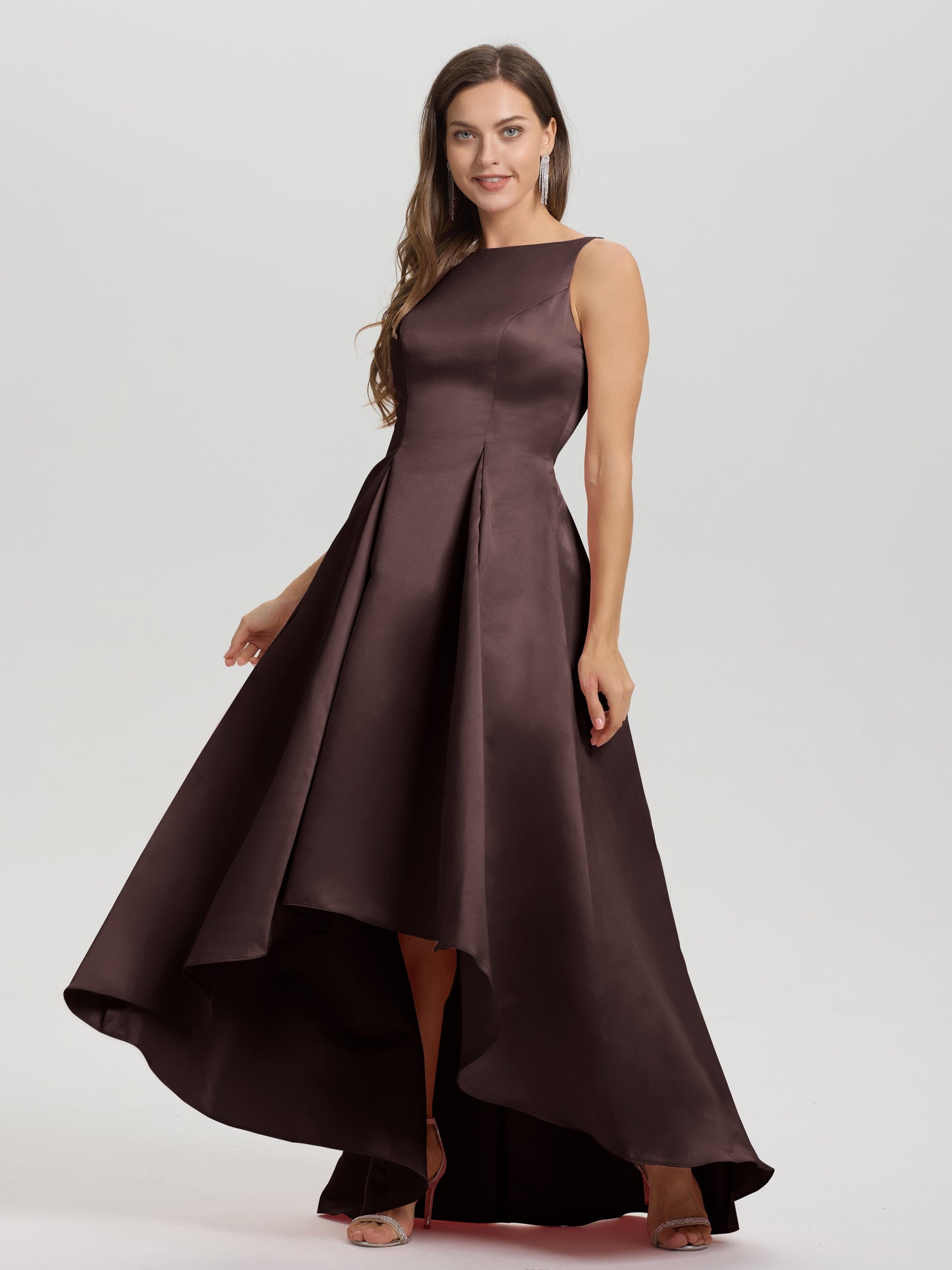 A-Line Sleeveless High Low Satin Bodice V-Back Bridesmaid Dress