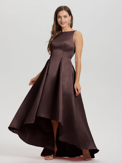 A-Line Sleeveless High Low Satin Bodice V-Back Bridesmaid Dress