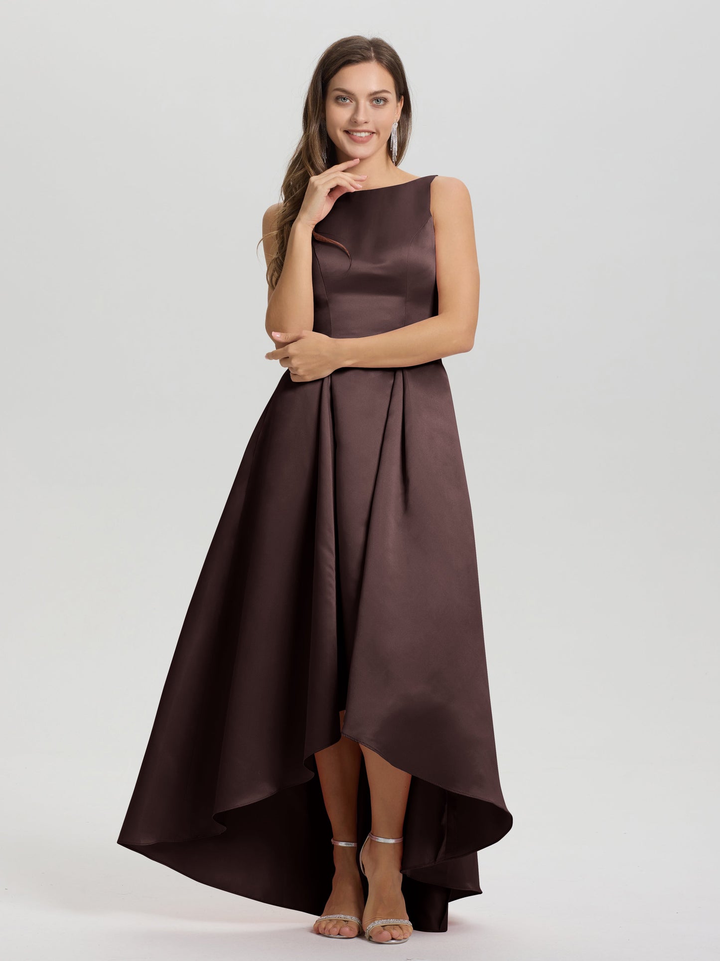 A-Line Sleeveless High Low Satin Bodice V-Back Bridesmaid Dress