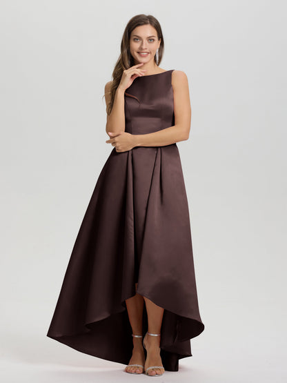 A-Line Sleeveless High Low Satin Bodice V-Back Bridesmaid Dress