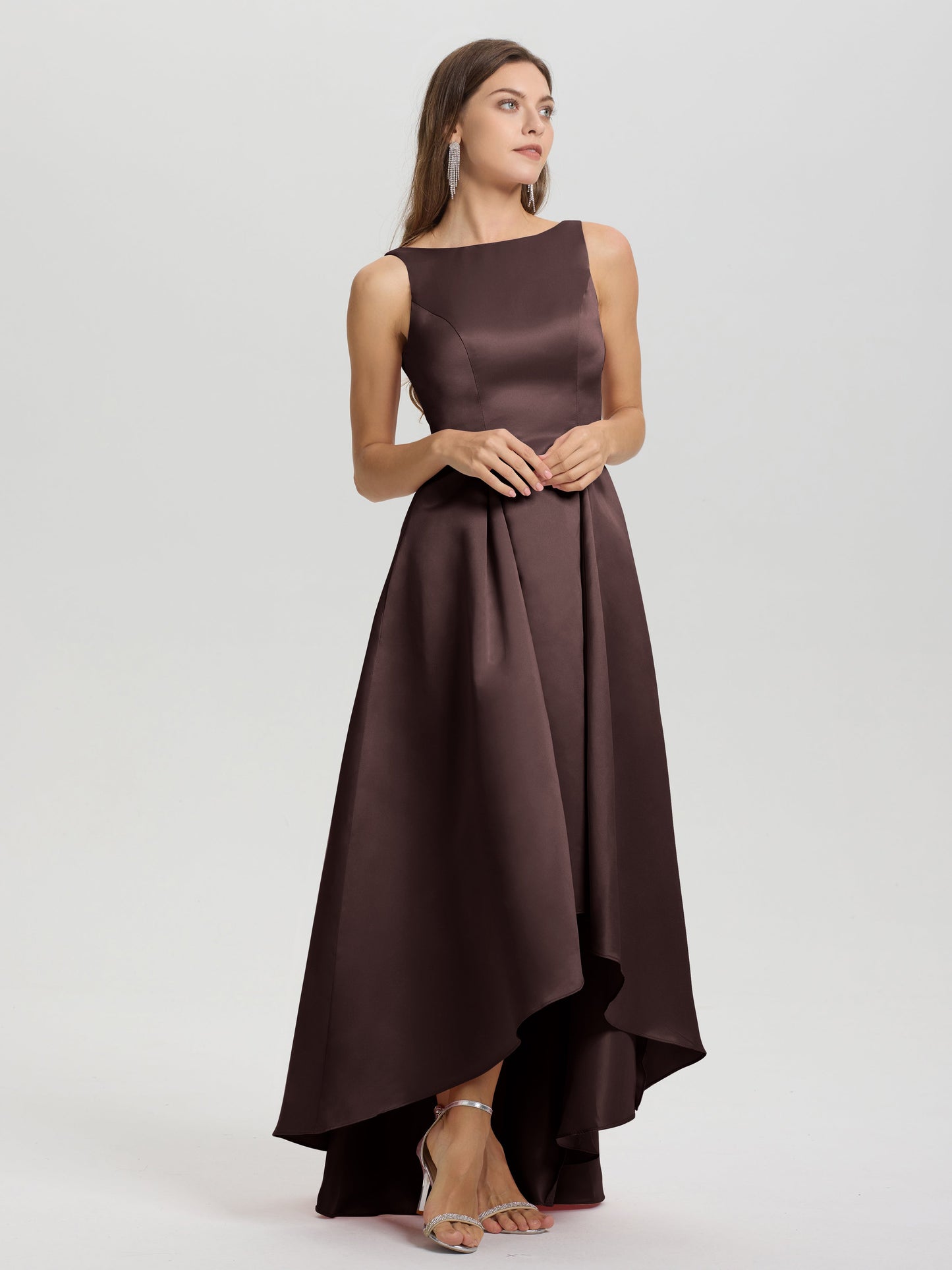 A-Line Sleeveless High Low Satin Bodice V-Back Bridesmaid Dress