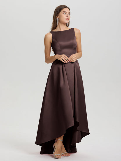 A-Line Sleeveless High Low Satin Bodice V-Back Bridesmaid Dress