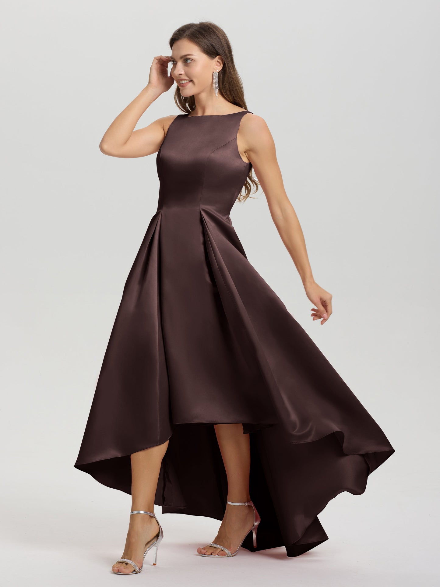 A-Line Sleeveless High Low Satin Bodice V-Back Bridesmaid Dress