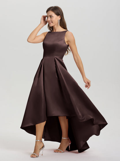A-Line Sleeveless High Low Satin Bodice V-Back Bridesmaid Dress