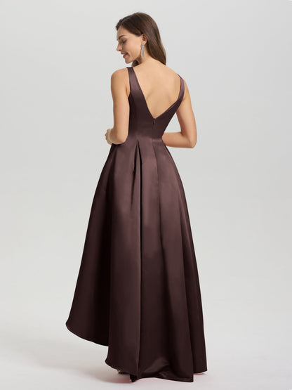 A-Line Sleeveless High Low Satin Bodice V-Back Bridesmaid Dress