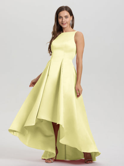 A-Line Sleeveless High Low Satin Bodice V-Back Bridesmaid Dress