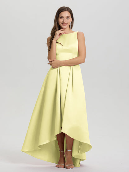 A-Line Sleeveless High Low Satin Bodice V-Back Bridesmaid Dress