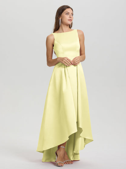 A-Line Sleeveless High Low Satin Bodice V-Back Bridesmaid Dress