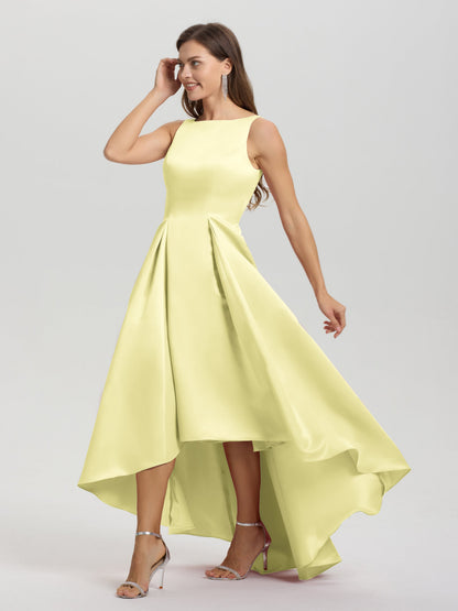 A-Line Sleeveless High Low Satin Bodice V-Back Bridesmaid Dress