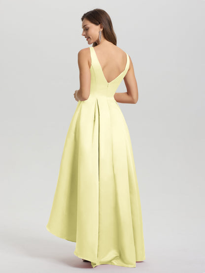 A-Line Sleeveless High Low Satin Bodice V-Back Bridesmaid Dress