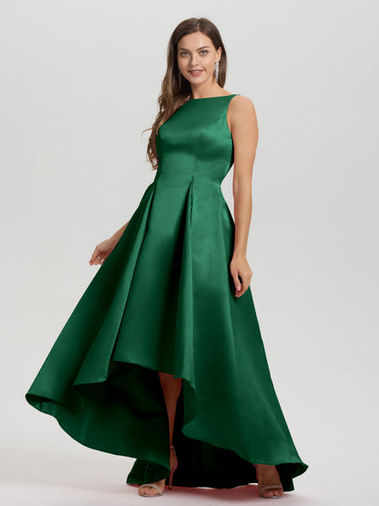 A-Line Sleeveless High Low Satin Bodice V-Back Bridesmaid Dress