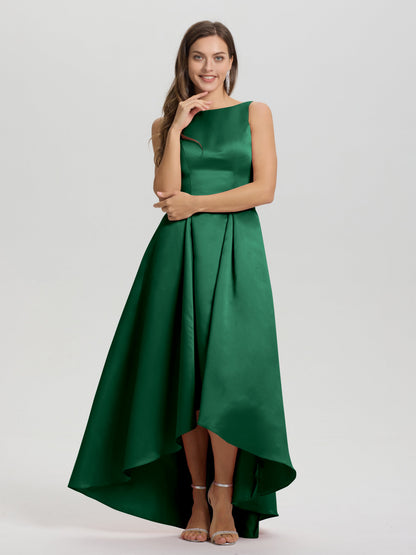 A-Line Sleeveless High Low Satin Bodice V-Back Bridesmaid Dress