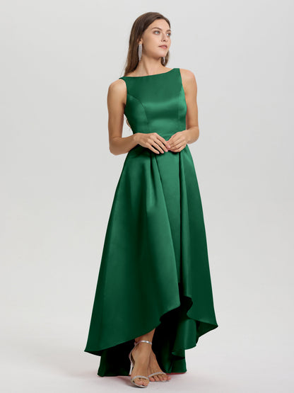 A-Line Sleeveless High Low Satin Bodice V-Back Bridesmaid Dress