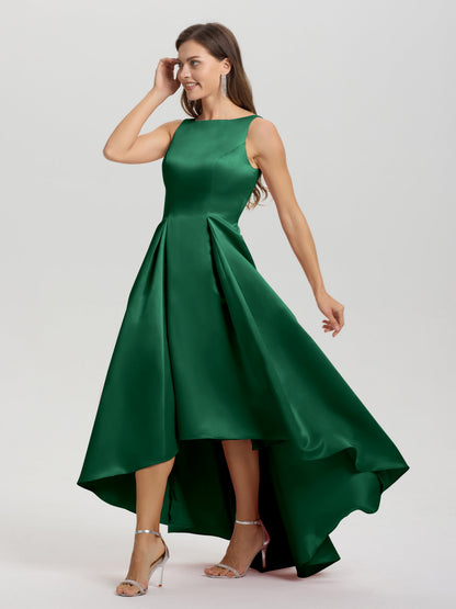 A-Line Sleeveless High Low Satin Bodice V-Back Bridesmaid Dress