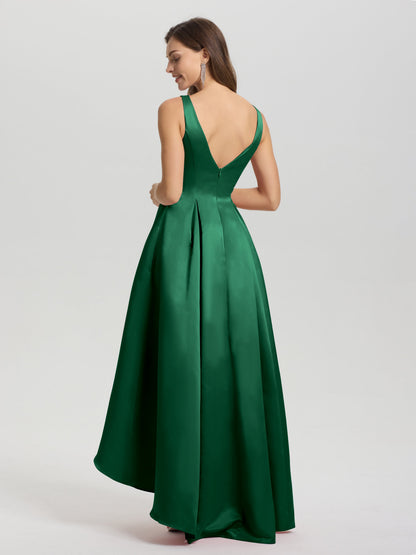 A-Line Sleeveless High Low Satin Bodice V-Back Bridesmaid Dress