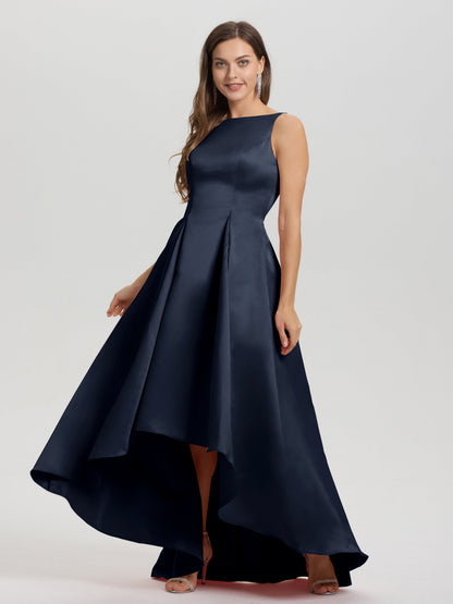 A-Line Sleeveless High Low Satin Bodice V-Back Bridesmaid Dress
