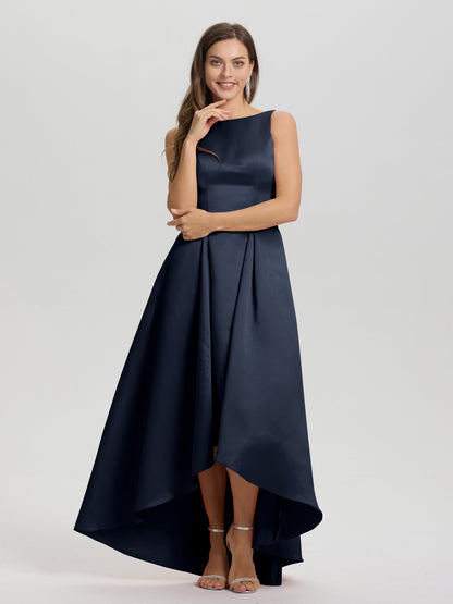A-Line Sleeveless High Low Satin Bodice V-Back Bridesmaid Dress
