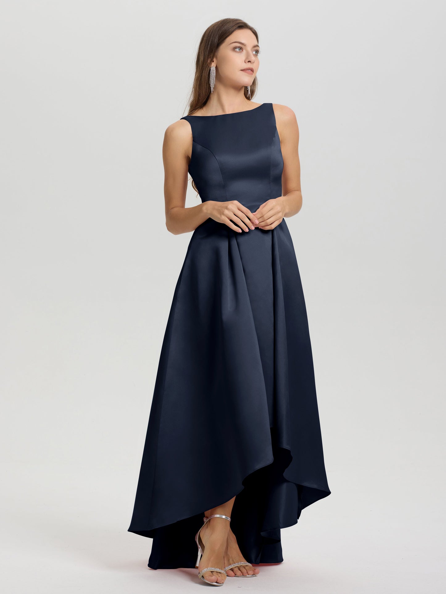 A-Line Sleeveless High Low Satin Bodice V-Back Bridesmaid Dress