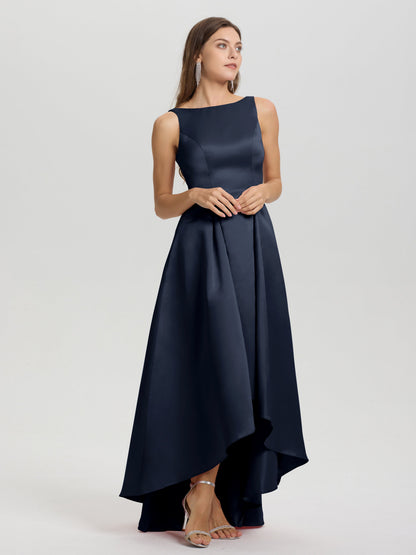A-Line Sleeveless High Low Satin Bodice V-Back Bridesmaid Dress