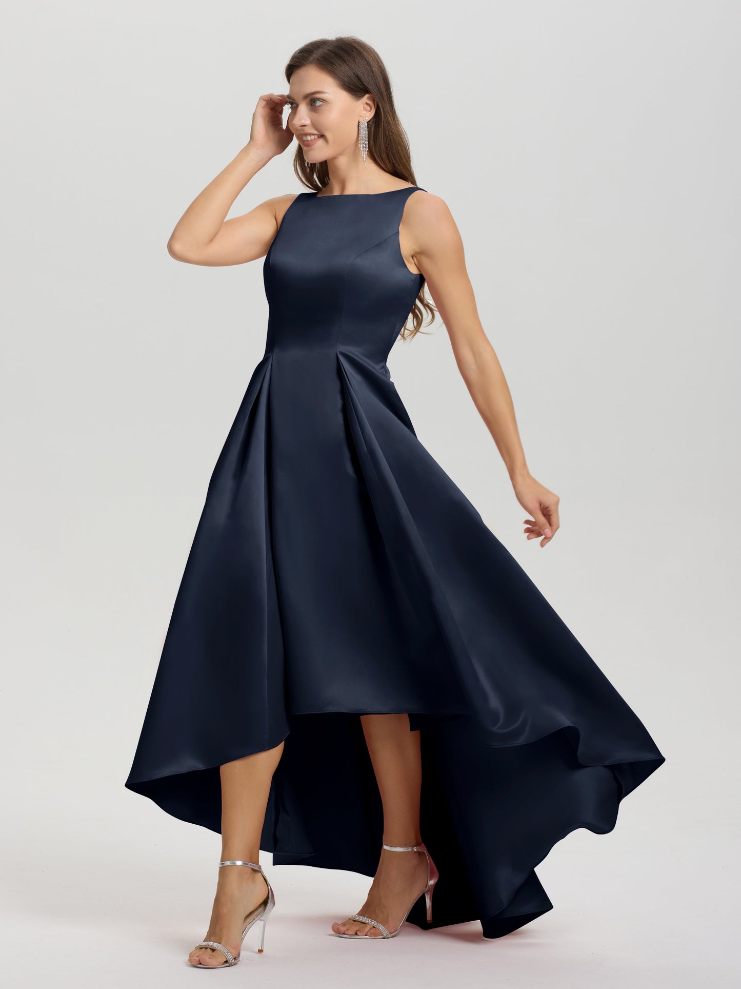 A-Line Sleeveless High Low Satin Bodice V-Back Bridesmaid Dress