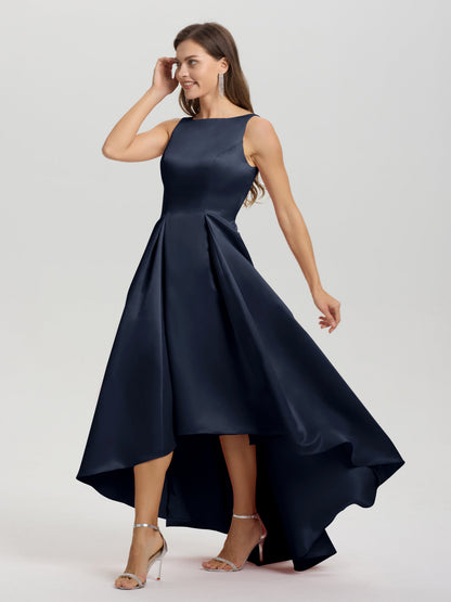 A-Line Sleeveless High Low Satin Bodice V-Back Bridesmaid Dress