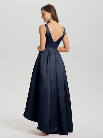 A-Line Sleeveless High Low Satin Bodice V-Back Bridesmaid Dress
