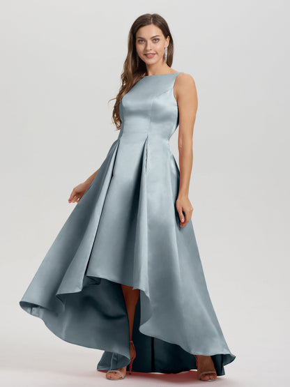 A-Line Sleeveless High Low Satin Bodice V-Back Bridesmaid Dress