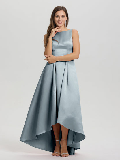 A-Line Sleeveless High Low Satin Bodice V-Back Bridesmaid Dress