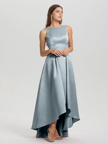 A-Line Sleeveless High Low Satin Bodice V-Back Bridesmaid Dress