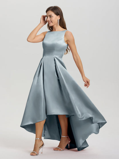 A-Line Sleeveless High Low Satin Bodice V-Back Bridesmaid Dress