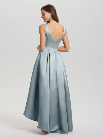 A-Line Sleeveless High Low Satin Bodice V-Back Bridesmaid Dress