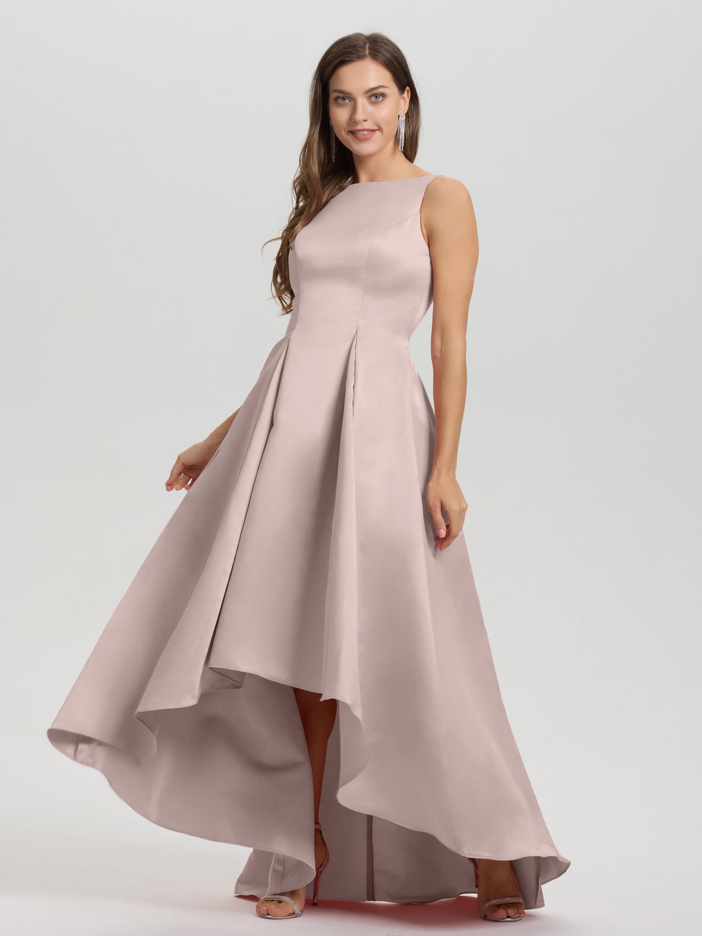 A-Line Sleeveless High Low Satin Bodice V-Back Bridesmaid Dress