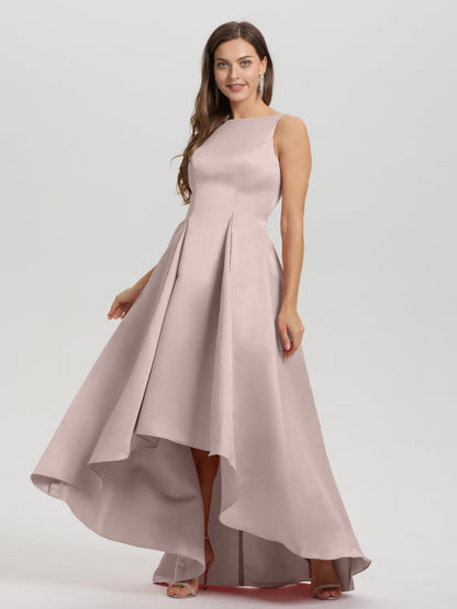 A-Line Sleeveless High Low Satin Bodice V-Back Bridesmaid Dress