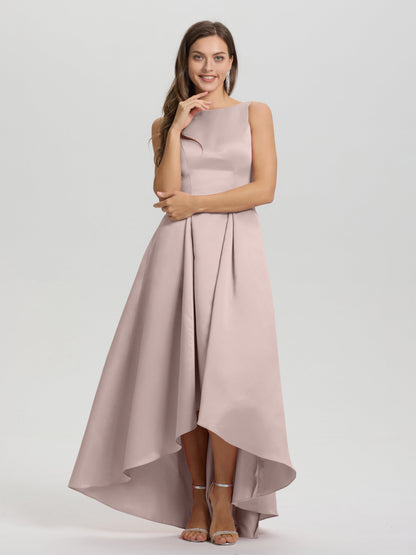 A-Line Sleeveless High Low Satin Bodice V-Back Bridesmaid Dress