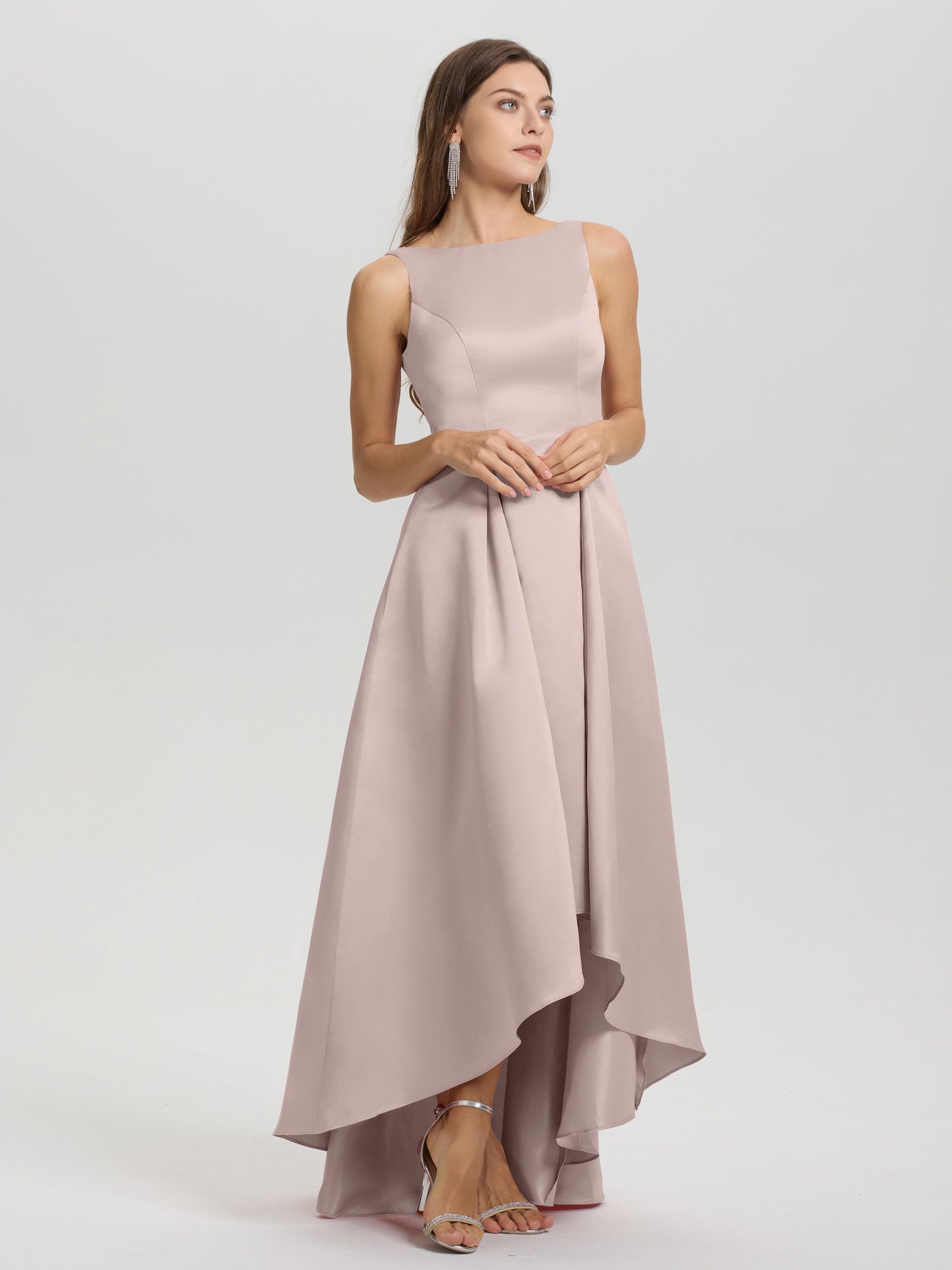 A-Line Sleeveless High Low Satin Bodice V-Back Bridesmaid Dress