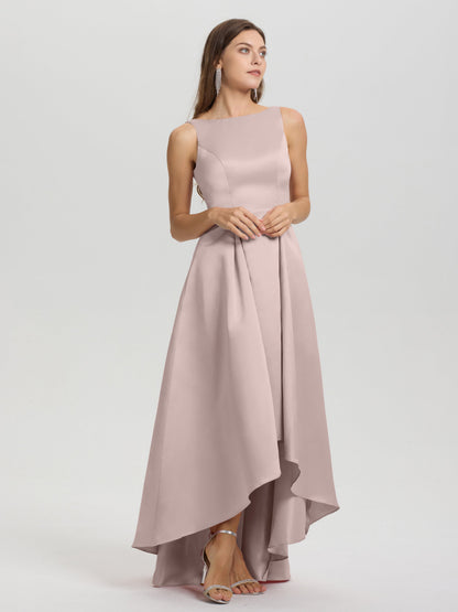 A-Line Sleeveless High Low Satin Bodice V-Back Bridesmaid Dress