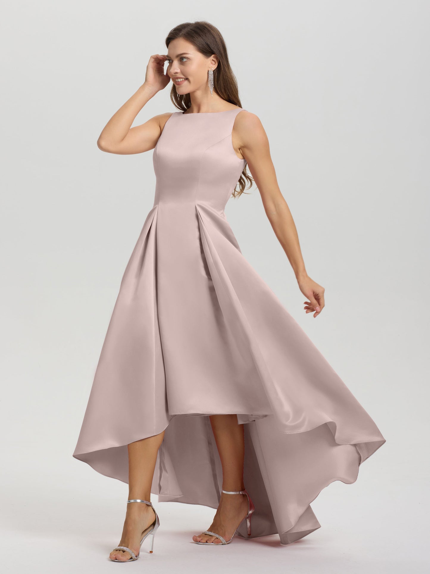 A-Line Sleeveless High Low Satin Bodice V-Back Bridesmaid Dress