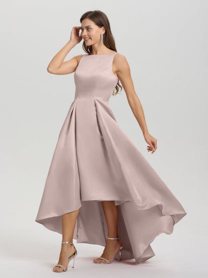 A-Line Sleeveless High Low Satin Bodice V-Back Bridesmaid Dress