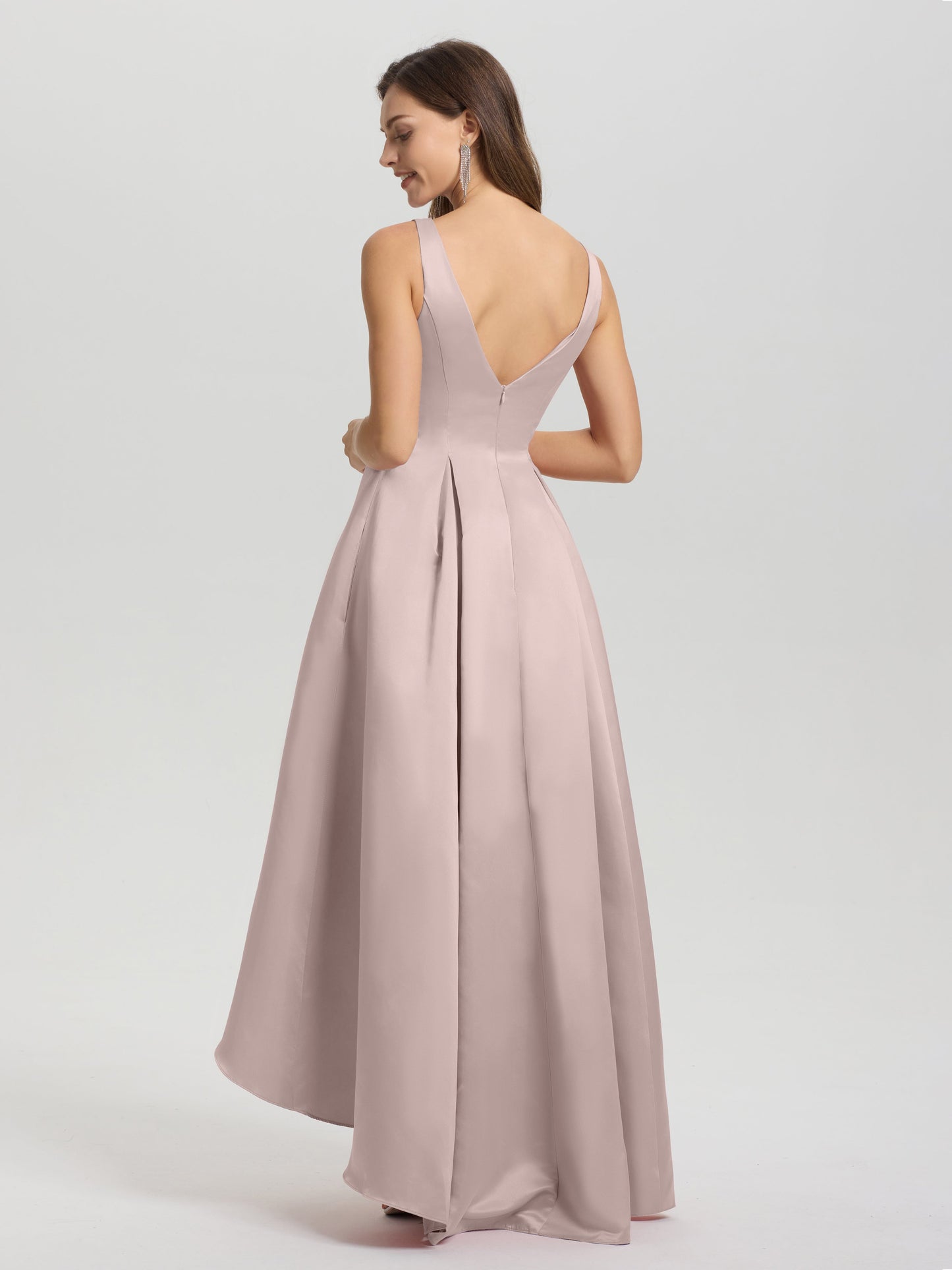 A-Line Sleeveless High Low Satin Bodice V-Back Bridesmaid Dress