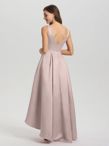 A-Line Sleeveless High Low Satin Bodice V-Back Bridesmaid Dress