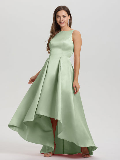 A-Line Sleeveless High Low Satin Bodice V-Back Bridesmaid Dress