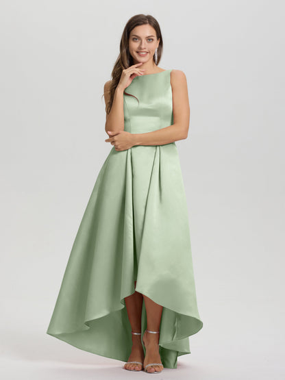 A-Line Sleeveless High Low Satin Bodice V-Back Bridesmaid Dress