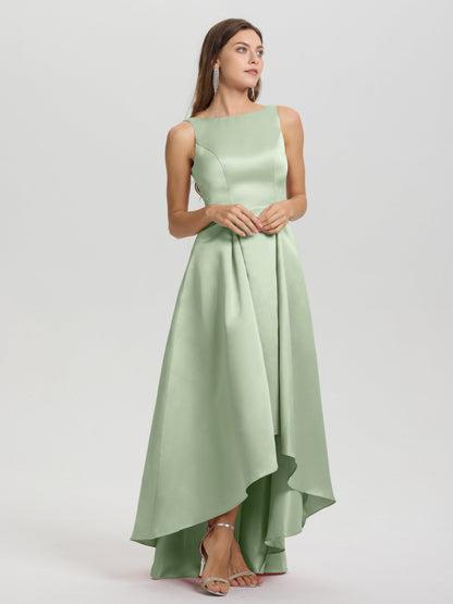 A-Line Sleeveless High Low Satin Bodice V-Back Bridesmaid Dress